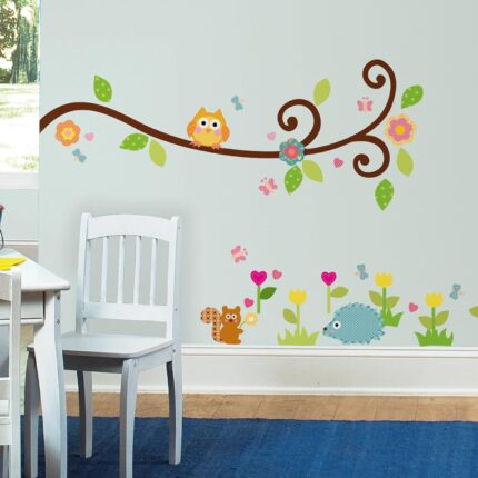 Cute Owlets On Floral Tree Wall Stickers For Kindergarten Kids Room Home Decoration Diy Cartoon Owls Animal Mural Art Pvc Decal size 50x70 zy1004
