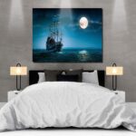 Canvas Wall Art - Night Boat Sailing Marine Moon Pictures - Modern Gallery Wall Decor Giclee Print Stretched and Framed Ready to Han size 70x100 ay8012xl