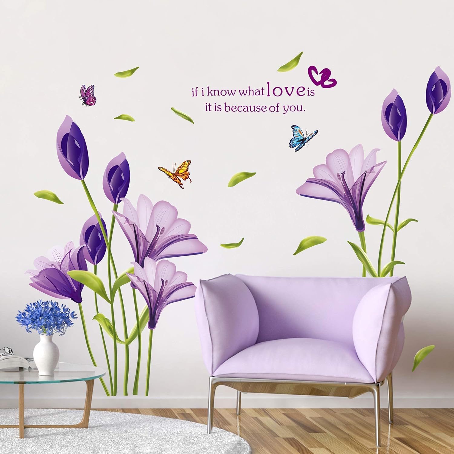 81bL_kX1j2S._AC_SL1500_3e3d0a75-3f3d-404c-b22b-aa72bbaf3da9 Cute 3D Purple Flowers Wall Sticker Art Mural Decal for Living Room Kitchen Desk Background size 70x50 xls7113 - Image 1