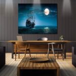 Canvas Wall Art - Night Boat Sailing Marine Moon Pictures - Modern Gallery Wall Decor Giclee Print Stretched and Framed Ready to Han size 70x100 ay8012xl - Image 2