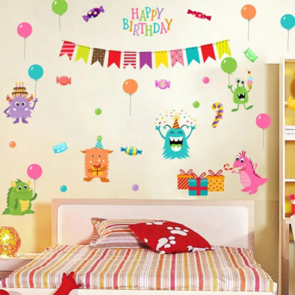 Cartoon Small Monsters Wall Sticker For Kids Room Happy Birthday xl8209