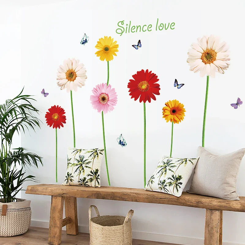 Colorful Flowers With Butterflies Wall Sticker Silence Love Wallpaper For Bedroom Women Living Room Decor Wall Mural - Wall Stickers - Image 2