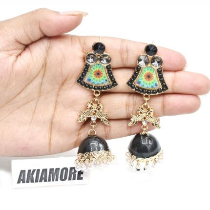 Fashion Colorful Tassel Indian Jhumka Earrings For Women Ethnic Vintage Gold Alloy Oxidized Bell Dangle Earrings