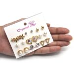 9 Pairs Fashion Women Stud Earring Sets Flower Round Heat Pearl Earrings Inlaid Crystal Stone Simple Versatile Design Geometric Shape Female Earrings Gift - Image 2
