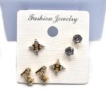 3 Pairs Crystal Stud Small Earrings  Set Gold Color Cubic Zircon Earrings for Women