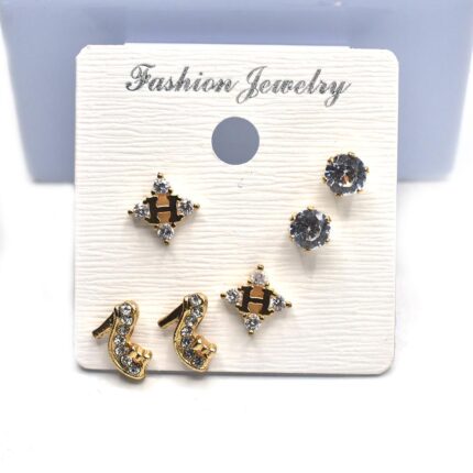 3 Pairs Crystal Stud Small Earrings  Set Gold Color Cubic Zircon Earrings for Women