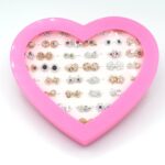 Mixed 36 pair/set Women Lady Crystal Heart Stud Earrings For Girl OL Piercing Flower Golden and silver  Earring - Image 2