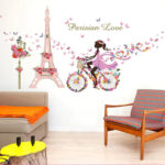 Fashion Girl In Pink Dress Wall Stickers Iron Tower Bicycle Colorful Butterflies Wallpaper For Girl's Living Room - Image 2