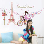 Fashion Girl In Pink Dress Wall Stickers Iron Tower Bicycle Colorful Butterflies Wallpaper For Girl's Living Room - Image 3