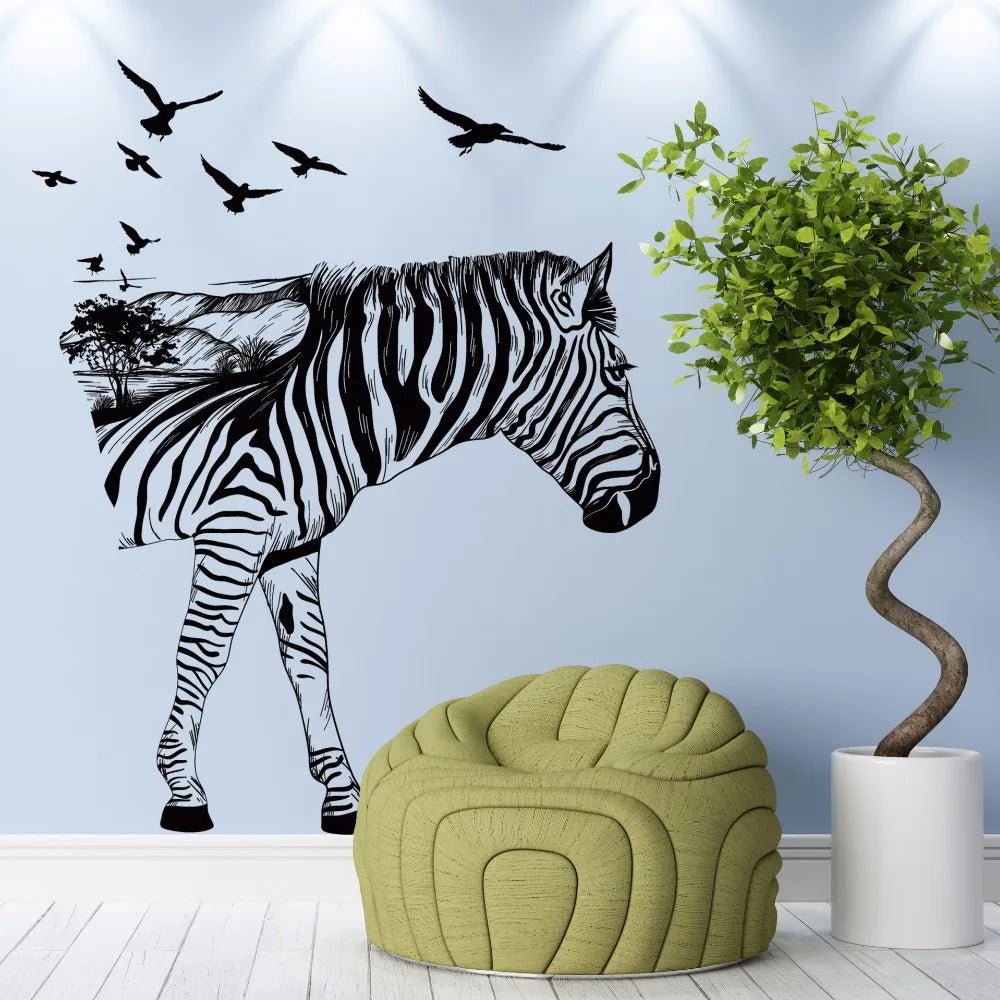 Forest-animal-Zebra-wall-sticker-Vinyl-DIY-Bird-Zebra-art-wall-decals-For-Drawing-room-study DIY Large Colorful Zebra Wall Stickers Home Decor PVC Paper for Living Room Bedroom Kids Walls Art Decoration Murals Decals size 60x90 xh9276 - Image 1