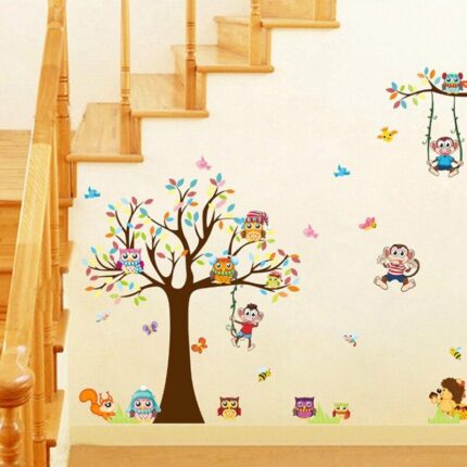 Colorful Owl Tree Wall Stickers Kids room Nursery Decor Cartoon Animal Wall Decals Removable Art Murals Monkey Wallpaper dc18