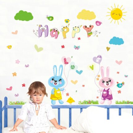 [Fundecor] cartoon love rabbit butterfly wall birds chicks flower wall stickers for kids rooms bathroom decor wall decals poster
