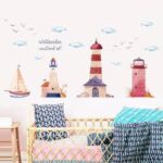 HM92019 Watercolor Lighthouse Wall Stickers Sailing Clouds Wall Sticker - Image 3