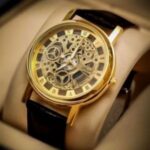 Brown Strap Golden Dial Skeleton Watch For Men whfrbnf1e-5