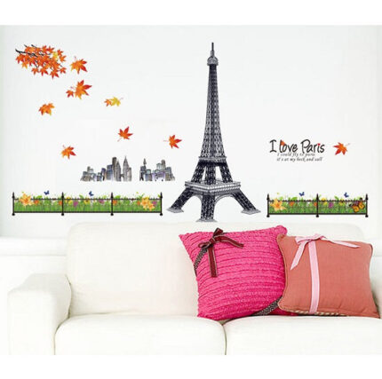 Wall Sticker Paris Eiffel Tower Autumn Red Maple Leaf Park Flower Banner European City Landscape for Living Room Bedroom Decoration, size 60x90 (MJ9503)