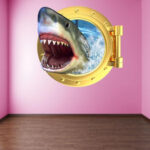Shark Porthole Wall Decal Sticker Mural Poster Print Art Kids Bedroom Home Decor size 60x90 xh4275
