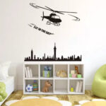 Jm8216  Wall Stickers Boys Room Helicopter Flying Black Art Self Adhesive Sticker - Image 3