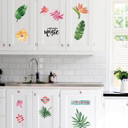 Home Wall Stickers Tropical Watercolor Leaf Flowers Wall Stickers Waterproof Wall Decal Stickers  size 50x70  sk7173