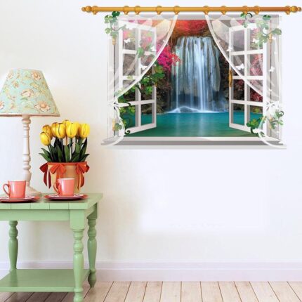 SK9020E 3D Wall stickers Waterfall Window Plant Landscape Home Decoration DIY Vinyl Decal Movie Mural Art
