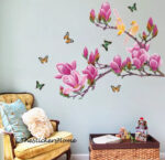 Pink Magnolia Tree Flower Butterfly Wall Stickers Home Decor WallSticker ay1903 - Image 5