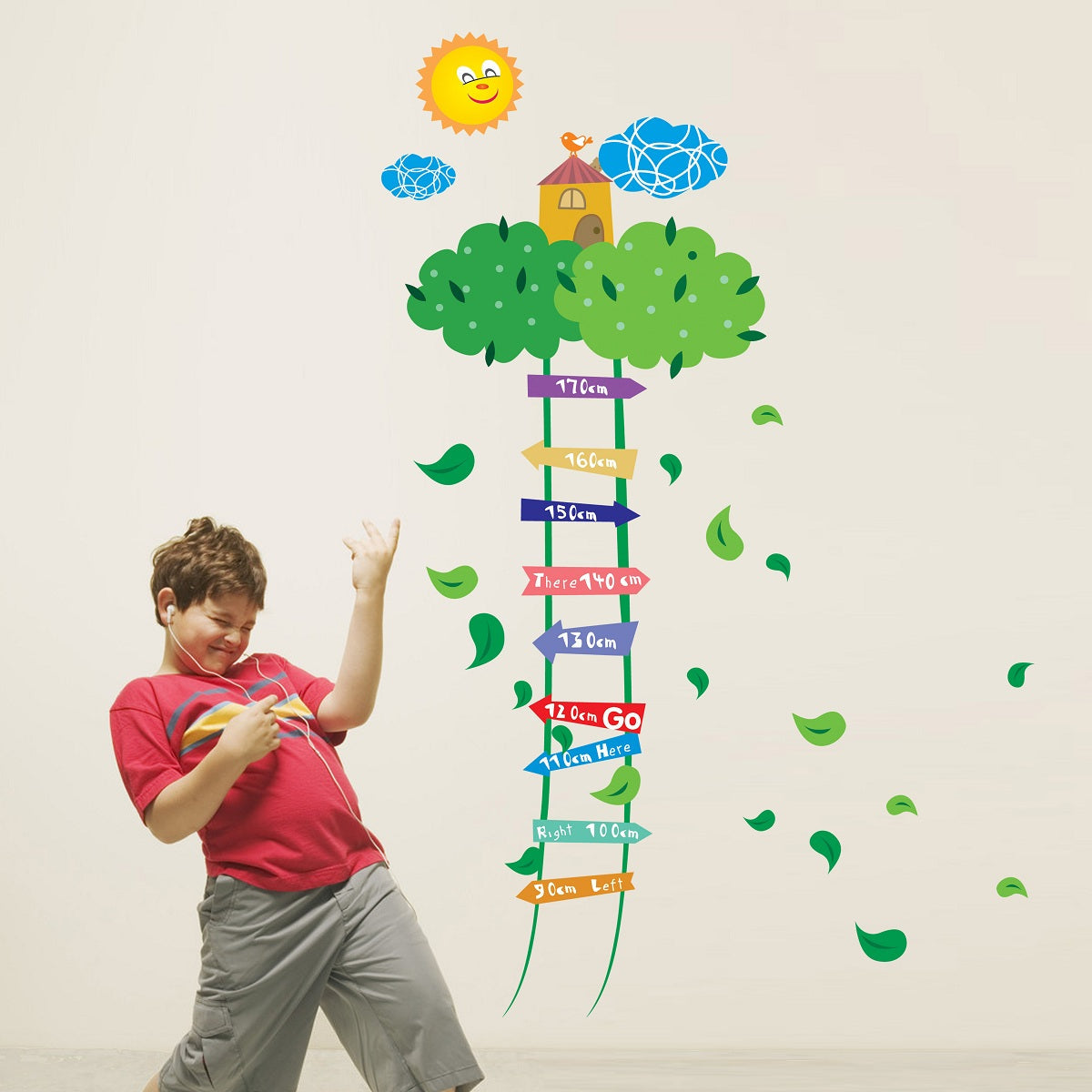 sticker-toise-echelle-vers-les-nuages-ambiance-sticker-J-AY871 BIBITIME Green Leaves Ladder Height Chart Sun Sky Cloud Birds House Wall Decal Sticker Nursery Growth Charts Colorful Measurement for Kids Room Decor Art Mural (Minimum Scale: 90cm;Max:170cm) - Image 1