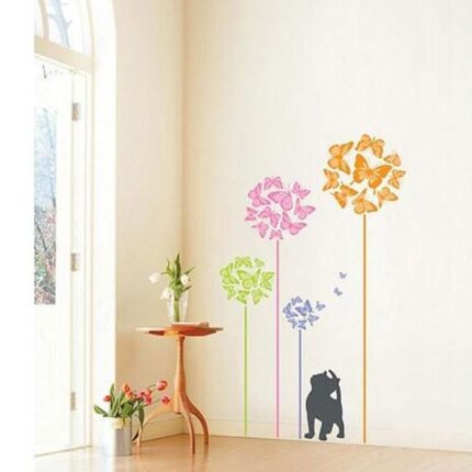 Wall Sticker, Flowers and Cat, Cat Watching Flowers and Butterflies, Peel and Stick Wallpaper Sticker, Wall Sticker Honpo, TakuC size 50x70 tc2047
